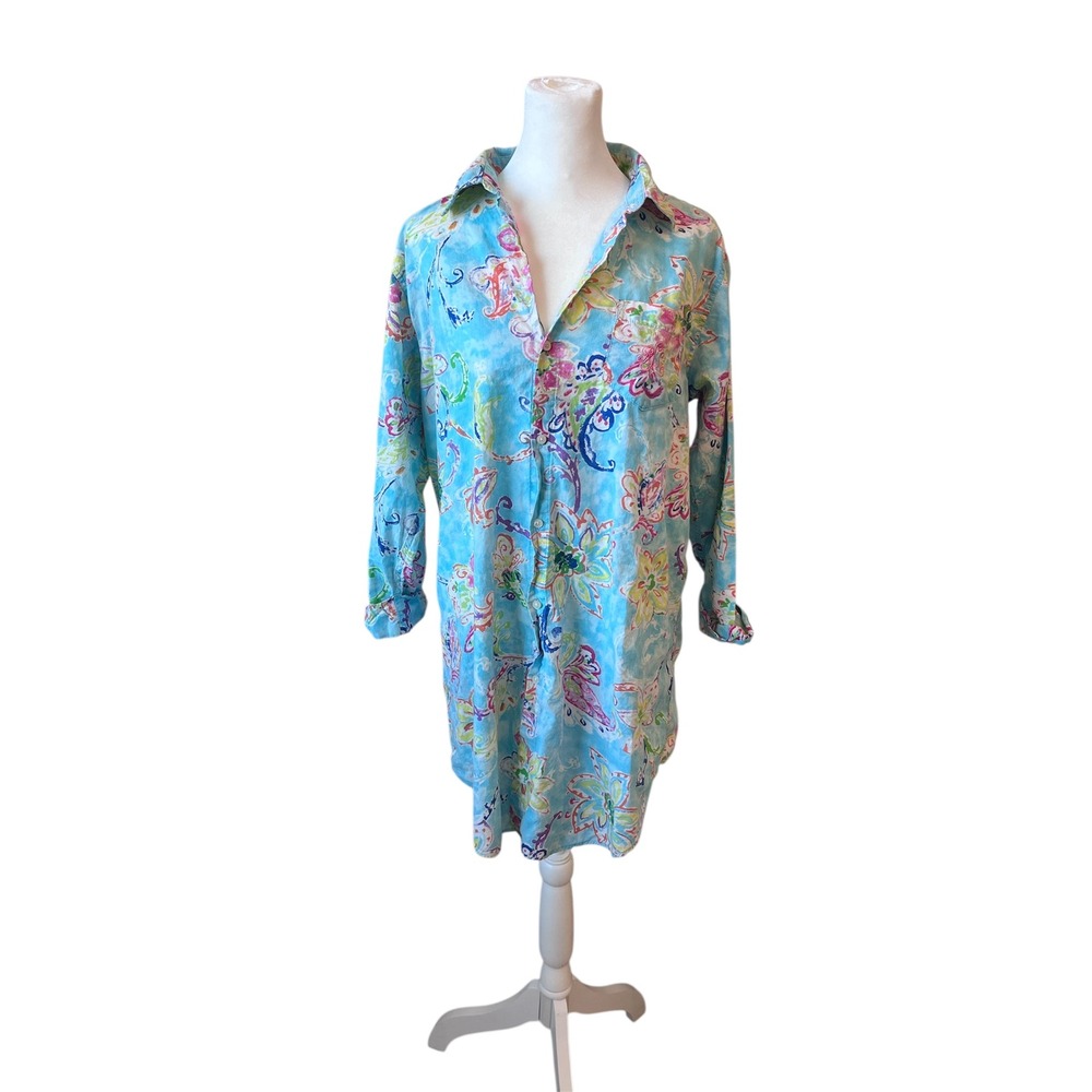 Lauren Ralph‎ Lauren Floral Print Dress Shirt Blue Medium